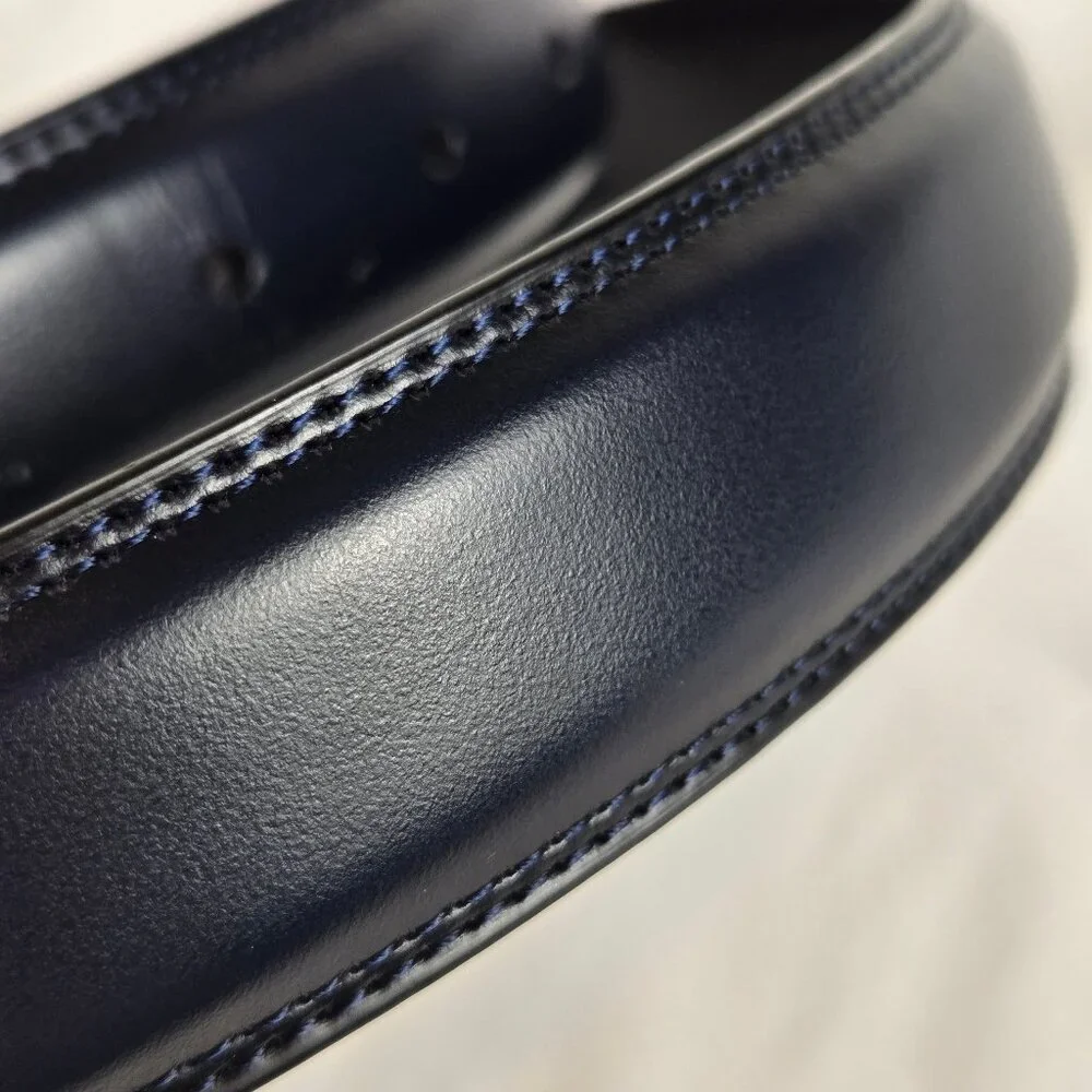 Unisex Size 32 Navy Blue Leather Belt Silver Toned Hardware Neutral Everyday